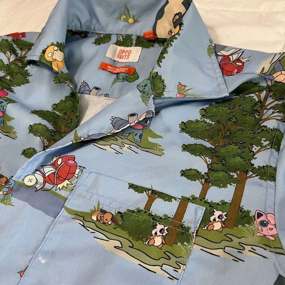 OppoSuits Pokémon Men's Short Sleeve Shirt Small Blue Forest Print Button Up - Picture 2 of 16